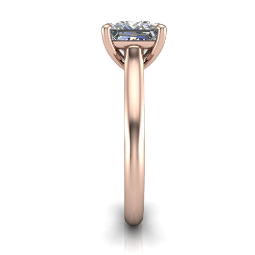 Saylor princess solitaire engagement ring in 14K Rose Gold, side profile showing the cathedral head, filigree gallery scrolls, and tapered polished shank