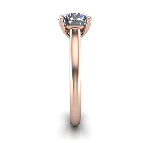 Saylor round solitaire engagement ring in 14K Rose Gold, side profile showing the cathedral head, filigree gallery scrolls, and tapered polished shank