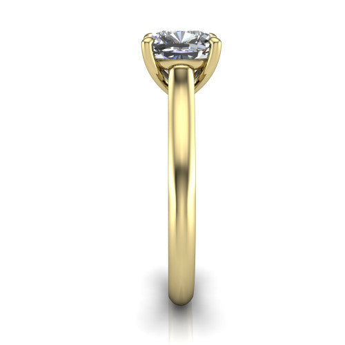 Saylor cushion solitaire engagement ring in 18K Yellow Gold, side profile showing the cathedral head, filigree gallery scrolls, and tapered polished shank