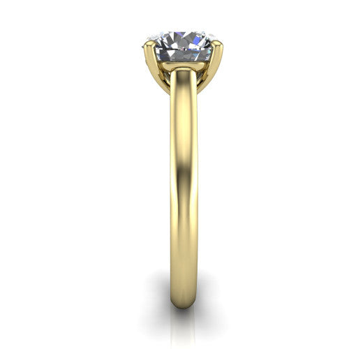 Saylor round solitaire engagement ring in 18K Yellow Gold, side profile showing the cathedral head, filigree gallery scrolls, and tapered polished shank