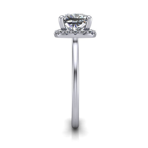 Florence cushion halo engagement ring in 18K White Gold, side profile showing the infinity gallery, slim halo, and thin knife-edge band