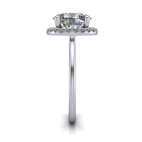 Florence oval halo engagement ring in 14K White Gold, side profile showing the infinity gallery, slim halo, and thin knife-edge band