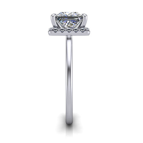 Florence princess halo engagement ring in 14K White Gold, side profile showing the infinity gallery, slim halo, and thin knife-edge band