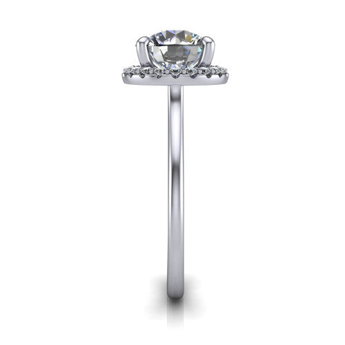 Florence round halo engagement ring in 18K White Gold, side profile showing the infinity gallery, slim halo, and thin knife-edge band