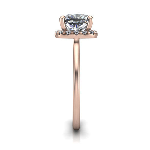 Florence cushion halo engagement ring in 14K Rose Gold, side profile showing the infinity gallery, slim halo, and thin knife-edge band