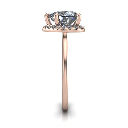 Florence heart halo engagement ring in 14K Rose Gold, side profile showing the infinity gallery, slim halo, and thin knife-edge band