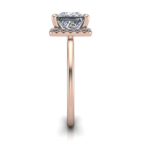 Florence princess halo engagement ring in 18K Rose Gold, side profile showing the infinity gallery, slim halo, and thin knife-edge band