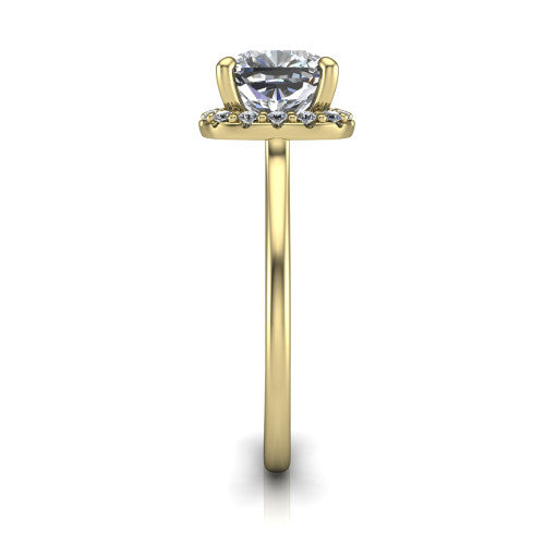 Florence cushion halo engagement ring in 14K Yellow Gold, side profile showing the infinity gallery, slim halo, and thin knife-edge band