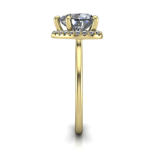 Florence heart halo engagement ring in 18K Yellow Gold, side profile showing the infinity gallery, slim halo, and thin knife-edge band