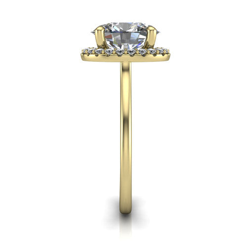 Florence oval halo engagement ring in 14K Yellow Gold, side profile showing the infinity gallery, slim halo, and thin knife-edge band