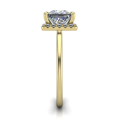 Florence princess halo engagement ring in 14K Yellow Gold, side profile showing the infinity gallery, slim halo, and thin knife-edge band