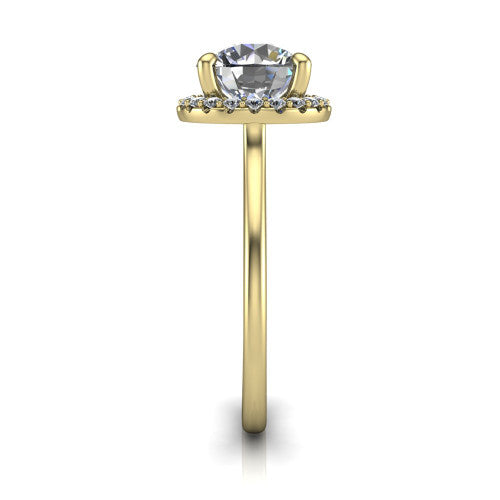 Florence round halo engagement ring in 14K Yellow Gold, side profile showing the infinity gallery, slim halo, and thin knife-edge band