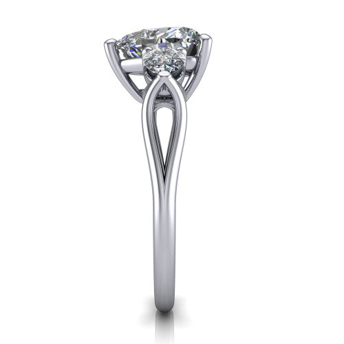 Journee heart three stone engagement ring in 18K White Gold, side profile showing the split-V gallery, tapered cathedral shoulders, and polished band