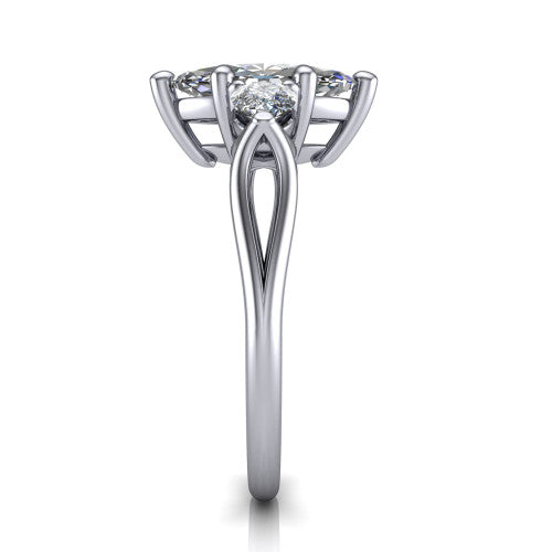 Journee marquise three stone engagement ring in Platinum, side profile showing the split-V gallery, tapered cathedral shoulders, and polished band