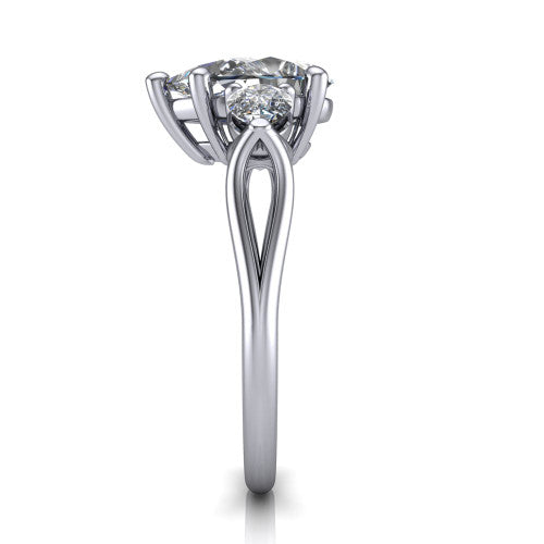 Journee pear three stone engagement ring in 14K White Gold, side profile showing the split-V gallery, tapered cathedral shoulders, and polished band
