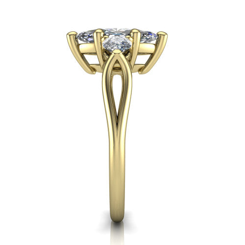 Journee marquise three stone engagement ring in 14K Yellow Gold, side profile showing the split-V gallery, tapered cathedral shoulders, and polished band