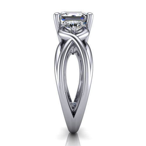 Ottilie square emerald three stone engagement ring in 14K White Gold, side profile showing the braided ribbon shank with multiple bands twisting beneath the head