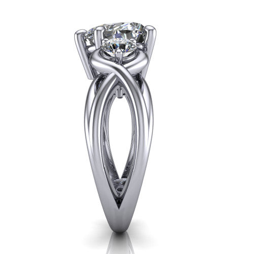 Ottilie heart three stone engagement ring in 18K White Gold, side profile showing the braided ribbon shank with multiple bands twisting beneath the head