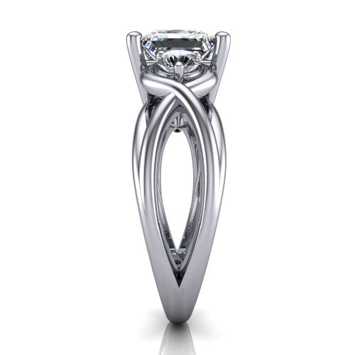 Ottilie princess three stone engagement ring in 18K White Gold, side profile showing the braided ribbon shank with multiple bands twisting beneath the head