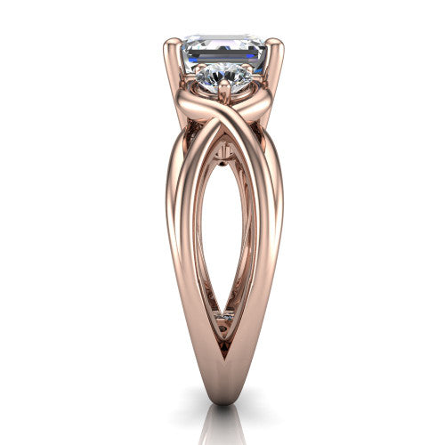 Ottilie square emerald three stone engagement ring in 14K Rose Gold, side profile showing the braided ribbon shank with multiple bands twisting beneath the head