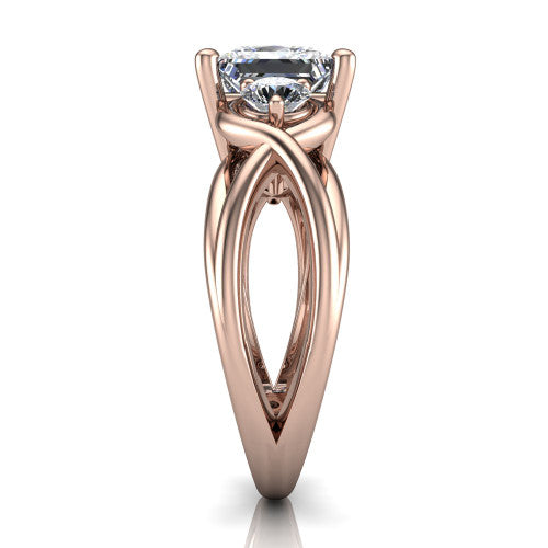 Ottilie princess three stone engagement ring in 18K Rose Gold, side profile showing the braided ribbon shank with multiple bands twisting beneath the head