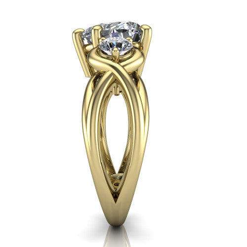 Ottilie heart three stone engagement ring in 18K Yellow Gold, side profile showing the braided ribbon shank with multiple bands twisting beneath the head