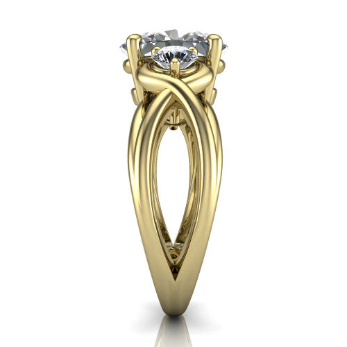 Ottilie marquise three stone engagement ring in 14K Yellow Gold, side profile showing the braided ribbon shank with multiple bands twisting beneath the head