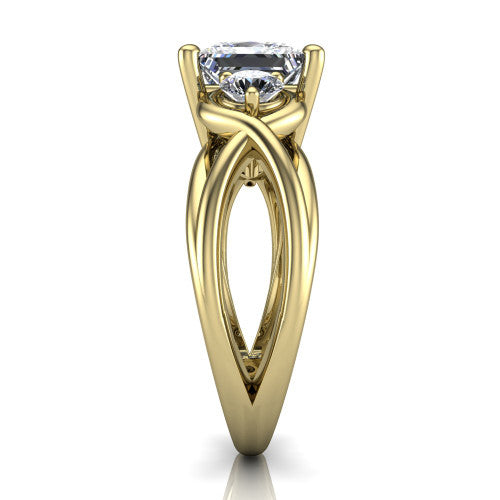 Ottilie princess three stone engagement ring in 18K Yellow Gold, side profile showing the braided ribbon shank with multiple bands twisting beneath the head