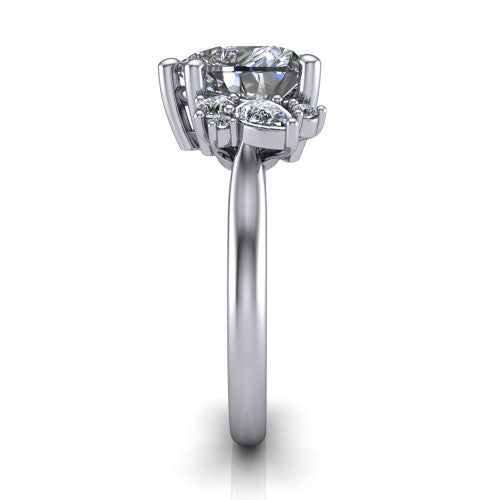 Genevieve heart three stone engagement ring in 14K White Gold, side profile showing the cluster head, tapered cathedral shoulders, and polished band