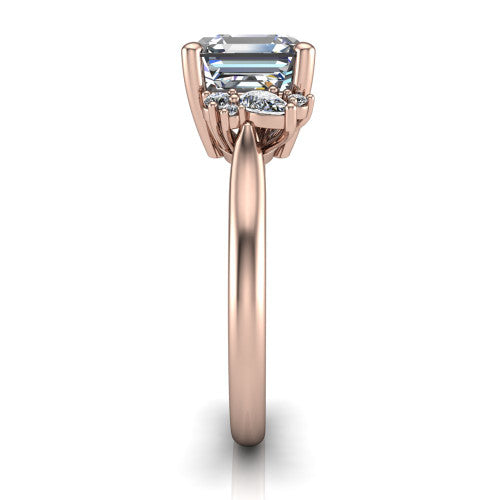 Genevieve square emerald vintage engagement ring in 18K Rose Gold, side profile showing the cluster head, tapered cathedral shoulders, and polished band