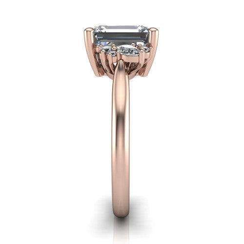 Evie Emerald Shape Three Stone Engagement Ring in 18K Rose Gold