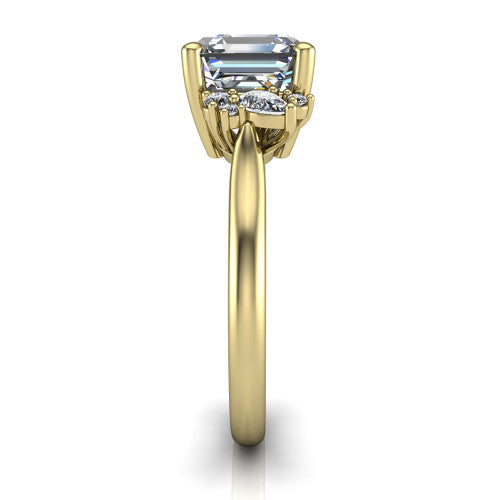 Genevieve square emerald vintage engagement ring in 18K Yellow Gold, side profile showing the cluster head, tapered cathedral shoulders, and polished band