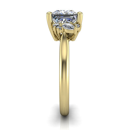Genevieve princess vintage engagement ring in 18K Yellow Gold, side profile showing the cluster head, tapered cathedral shoulders, and polished band