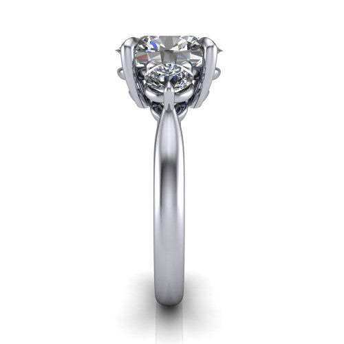 Juniper oval three stone engagement ring in 14K White Gold, side profile showing the three-stone head and slim rounded polished band