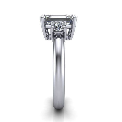 Penelope emerald three stone engagement ring in 14K White Gold, side profile showing the tall straight-sided basket and slim polished band