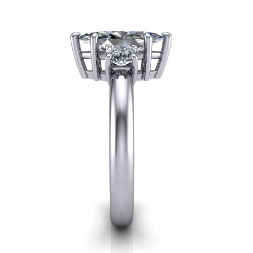 Penelope marquise three stone engagement ring in 14K White Gold, side profile showing the tall straight-sided basket and slim polished band
