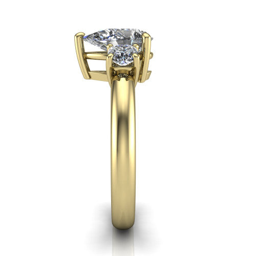 Penelope pear three stone engagement ring in 18K Yellow Gold, side profile showing the tall straight-sided basket and slim polished band