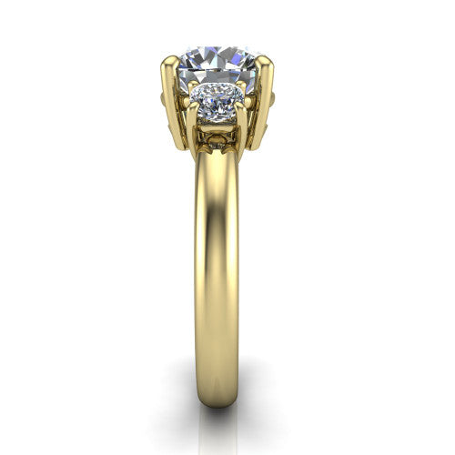 Penelope round three stone engagement ring in 14K Yellow Gold, side profile showing the tall straight-sided basket and slim polished band