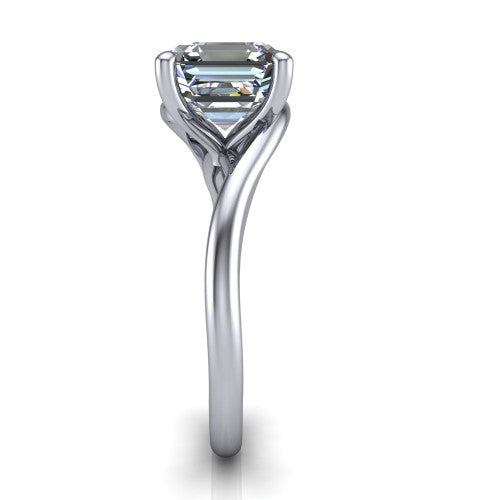 Awren square emerald solitaire engagement ring in 18K White Gold, side profile showing the bypass crossover shank and slim polished band