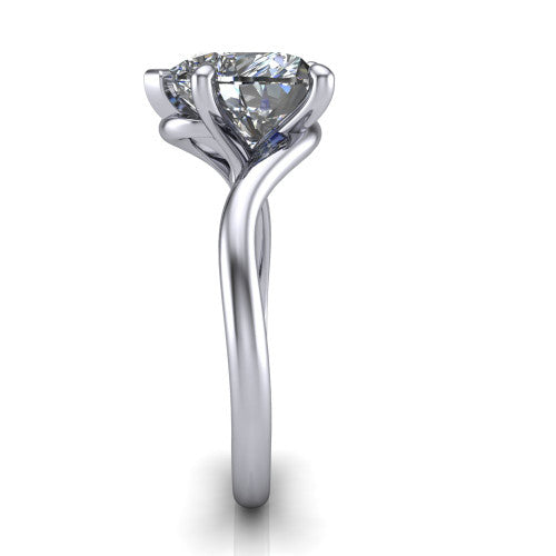 Awren heart solitaire engagement ring in 18K White Gold, side profile showing the bypass crossover shank and slim polished band