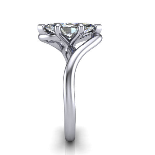 Awren marquise solitaire engagement ring in Platinum, side profile showing the bypass crossover shank and slim polished band