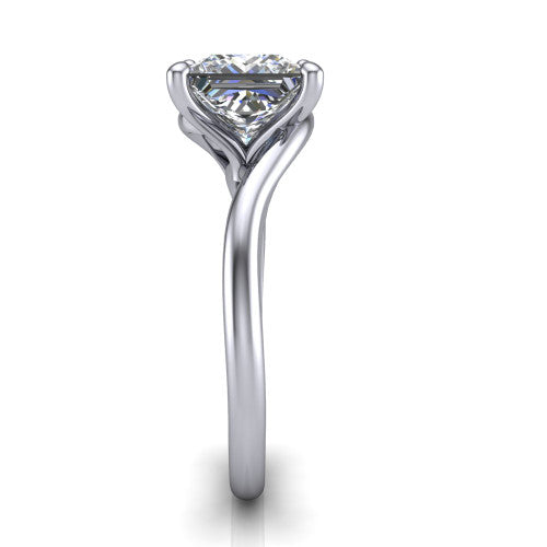 Awren princess solitaire engagement ring in 18K White Gold, side profile showing the bypass crossover shank and slim polished band
