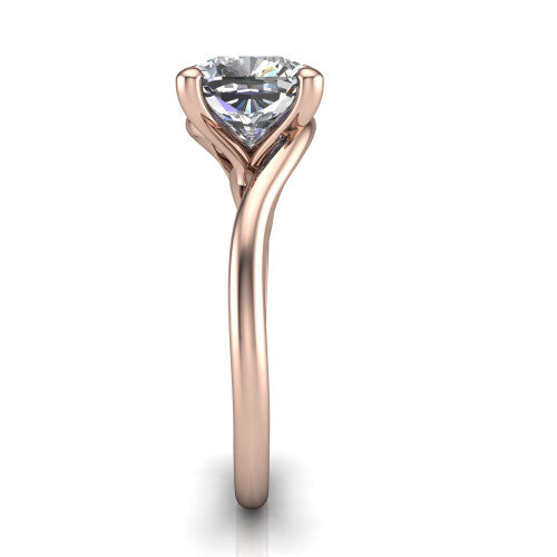 Awren cushion solitaire engagement ring in 18K Rose Gold, side profile showing the bypass crossover shank and slim polished band