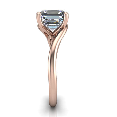 Awren square emerald solitaire engagement ring in 18K Rose Gold, side profile showing the bypass crossover shank and slim polished band