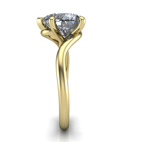 Awren heart solitaire engagement ring in 14K Yellow Gold, side profile showing the bypass crossover shank and slim polished band