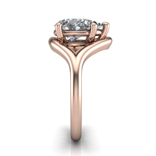Margot pear solitaire engagement ring in 18K Rose Gold, side profile showing the marquise leaf split shank and slim polished band