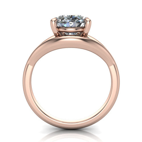 Margot oval solitaire engagement ring in 14K Rose Gold, side profile showing the marquise leaf split shank and slim polished band