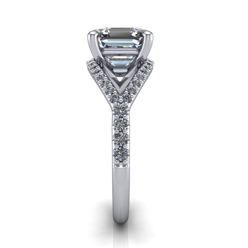 Clementine asscher classic engagement ring in 18K White Gold, side profile showing the pavé split shank crossing in a bypass beneath the center
