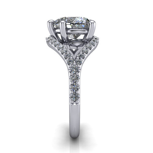 Clementine heart classic engagement ring in 18K White Gold, side profile showing the pavé split shank crossing in a bypass beneath the center