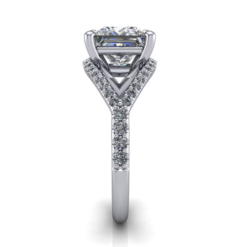 Clementine princess classic engagement ring in 14K White Gold, side profile showing the pavé split shank crossing in a bypass beneath the center